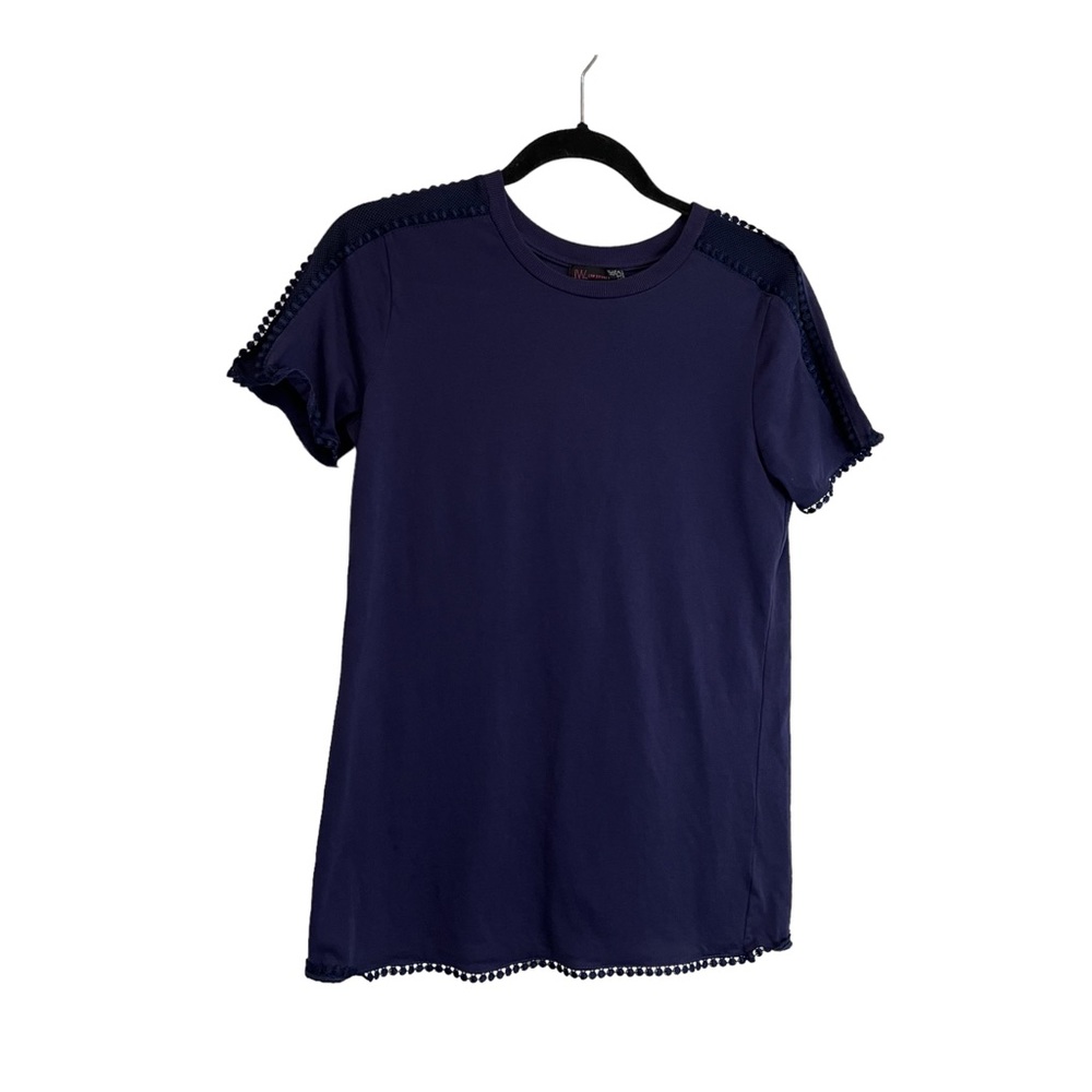 JW Style Navy Blue Pom Pom Short Sleeve Blouse Boho Top Womens Size S